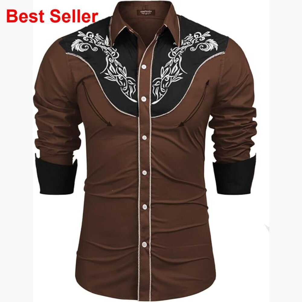 Men's Western Cowboy Shirt Long Sleeve Slim Fit Rose Embroidered Cotton